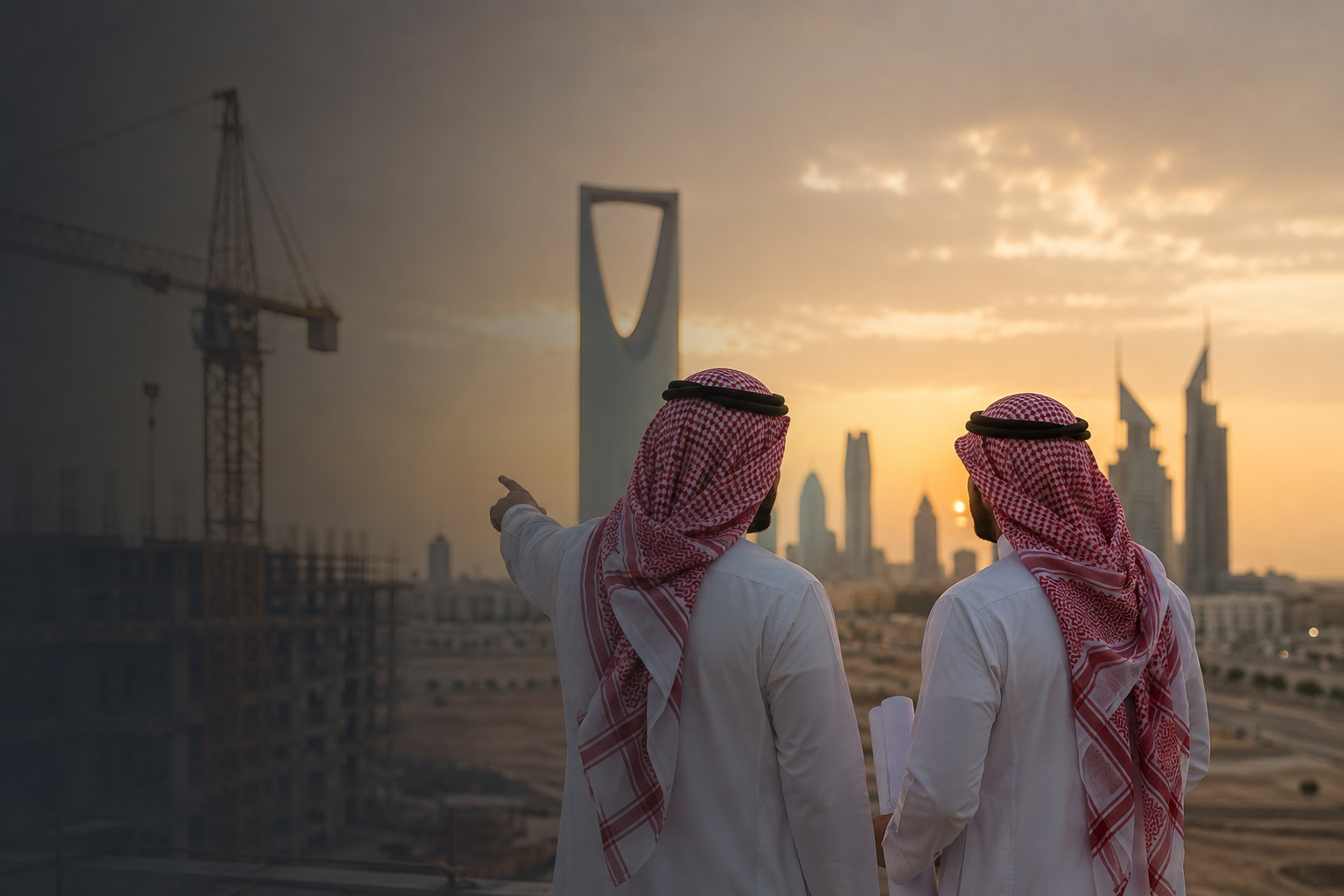فريق عربي يرتدي الزي التقليدي يناقش مخططات المشروع